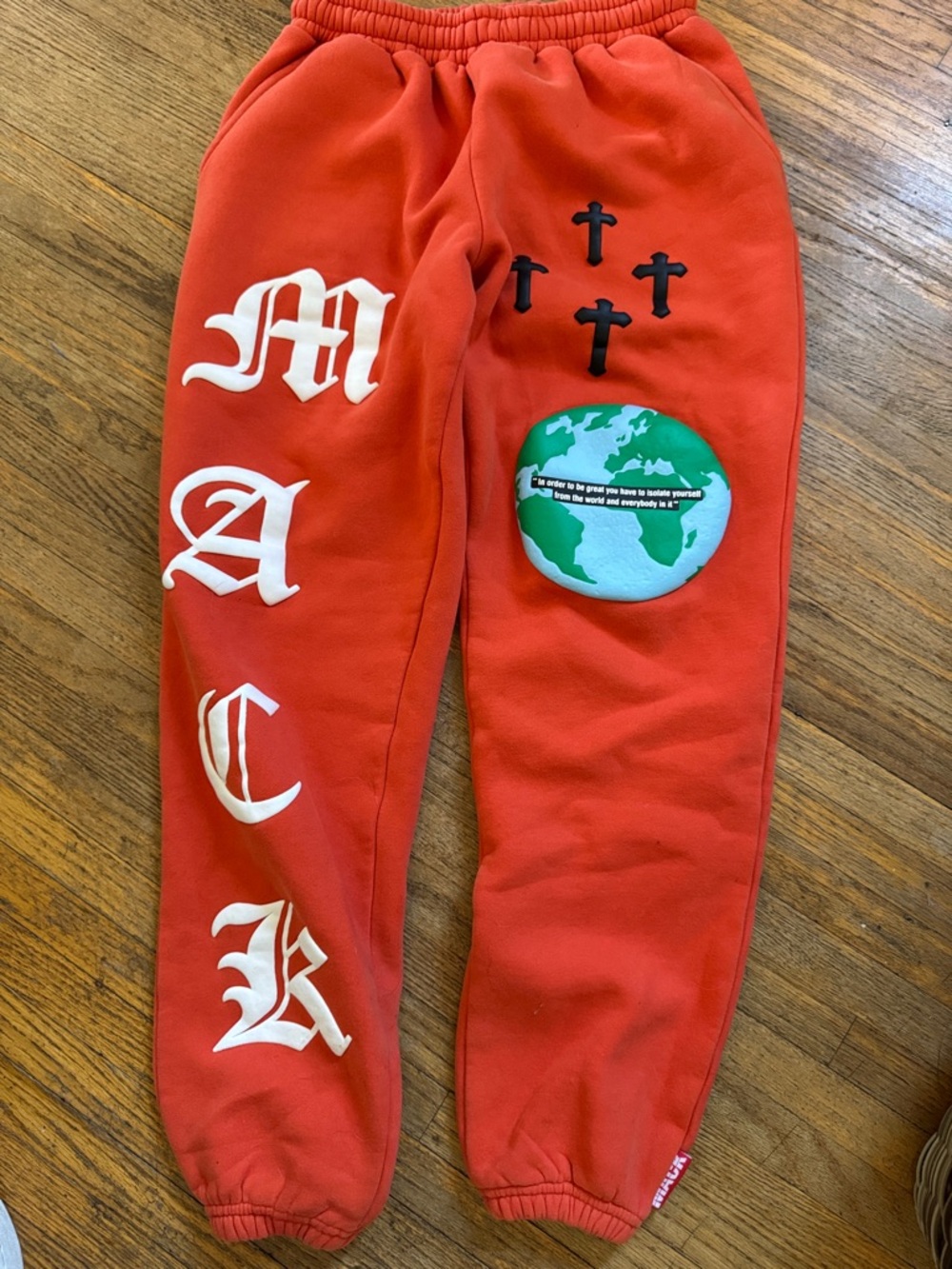 Red Track Joggers with Graphic Globe & Gothic Lettering